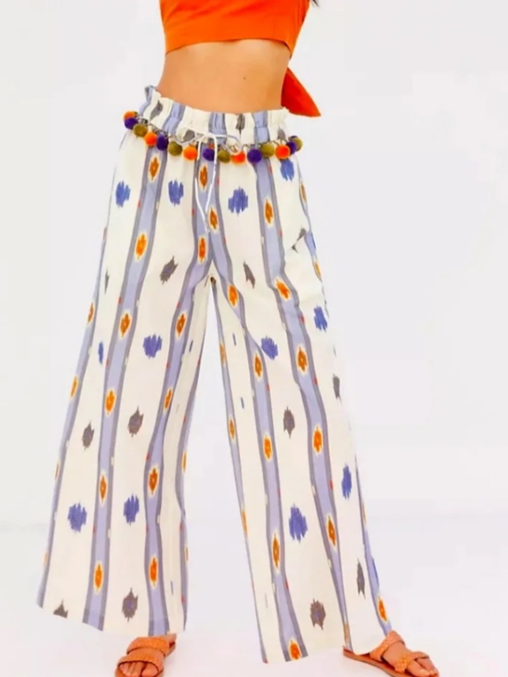 Anthropologie Ollari Pom Pom Wide leg pants blue ivory orange Cotton Linen XS